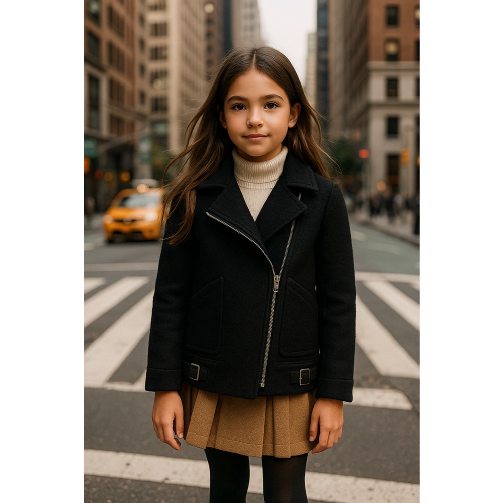 Zara Girls Black‎ Boucle Moto Jacket Silver Zip Buckle 9/10 Holiday Quiet Luxury